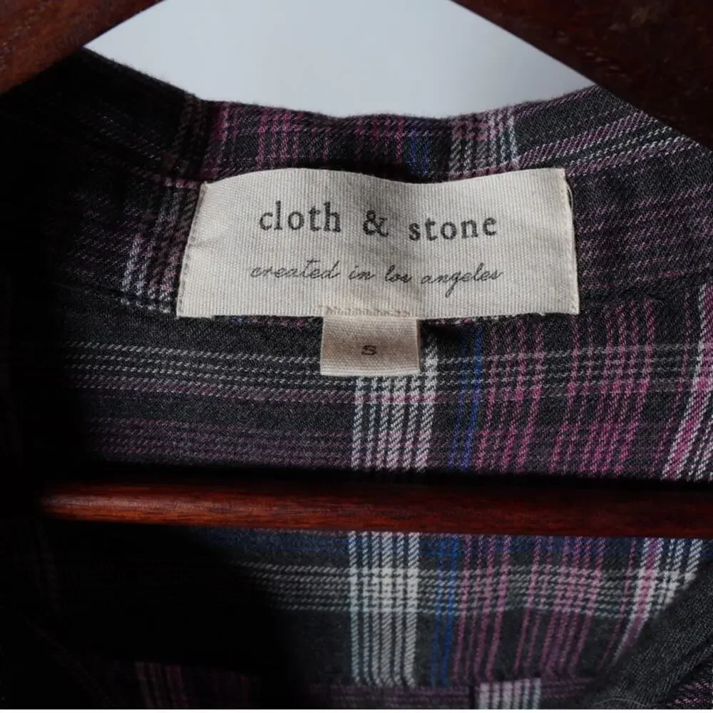 Cloth & Stone Brown Purple Plaid Top Frayed Hem Size S